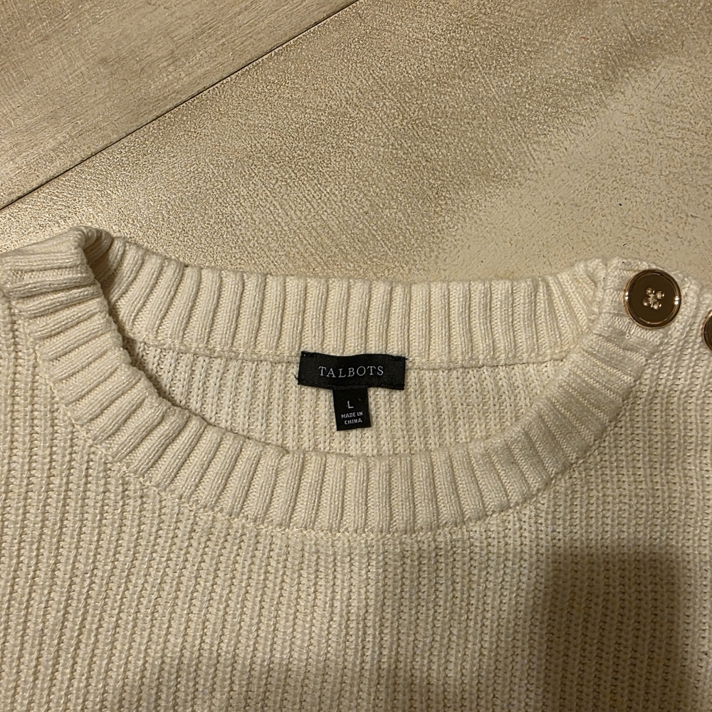 Talbots Metallic Gold & Cream Striped Shoulder Button Sweater - Large. - Picture 3 of 7